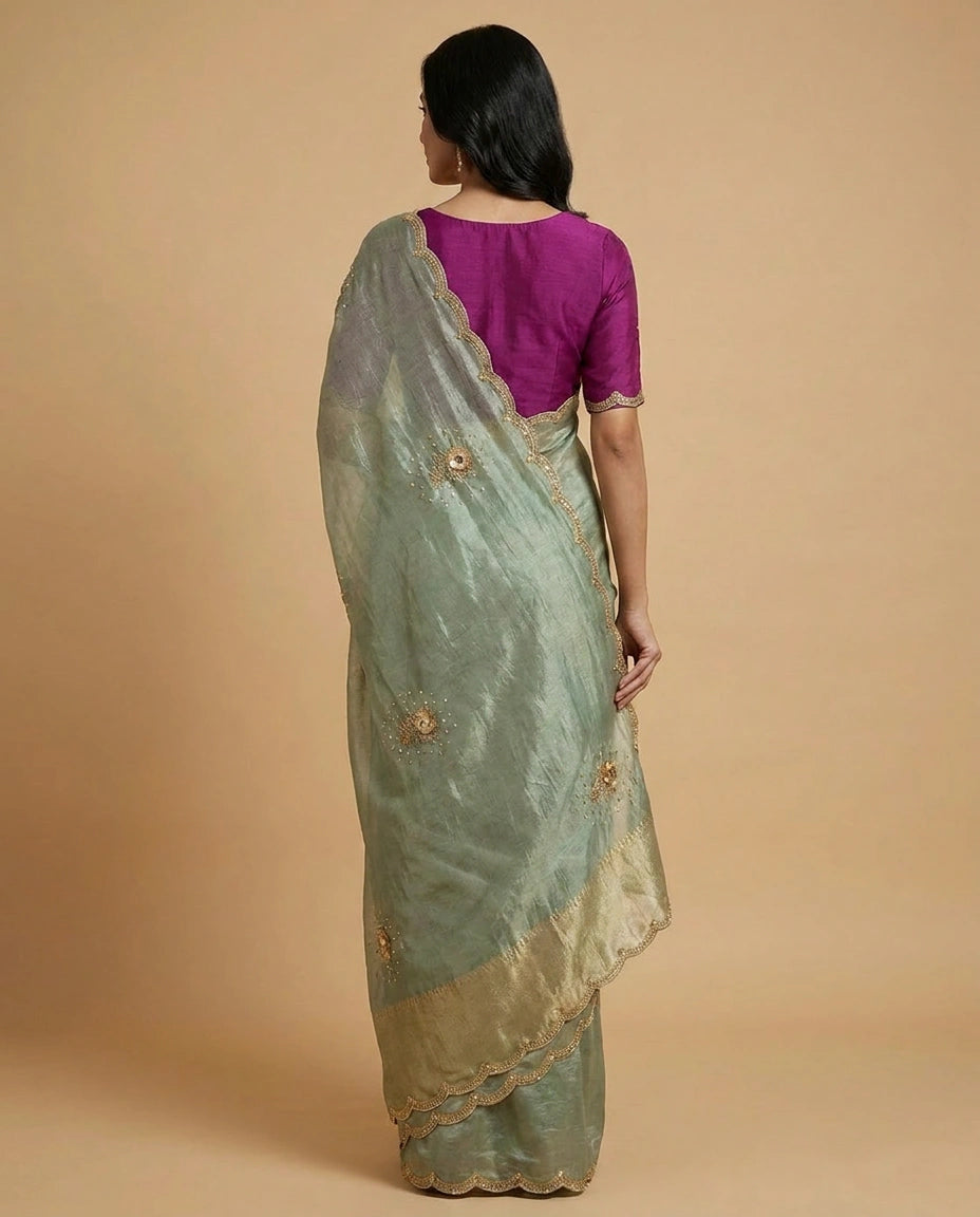 Tissue Silk Saree with Zari and Thread Embroidery Pallu by Rangoli