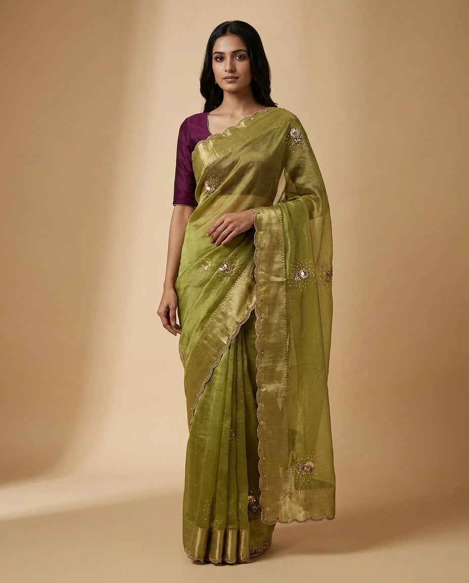 Tissue Silk Saree with Zari and Thread Embroidery Pallu by Rangoli