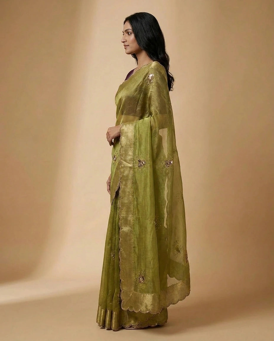 Tissue Silk Saree with Zari and Thread Embroidery Pallu by Rangoli