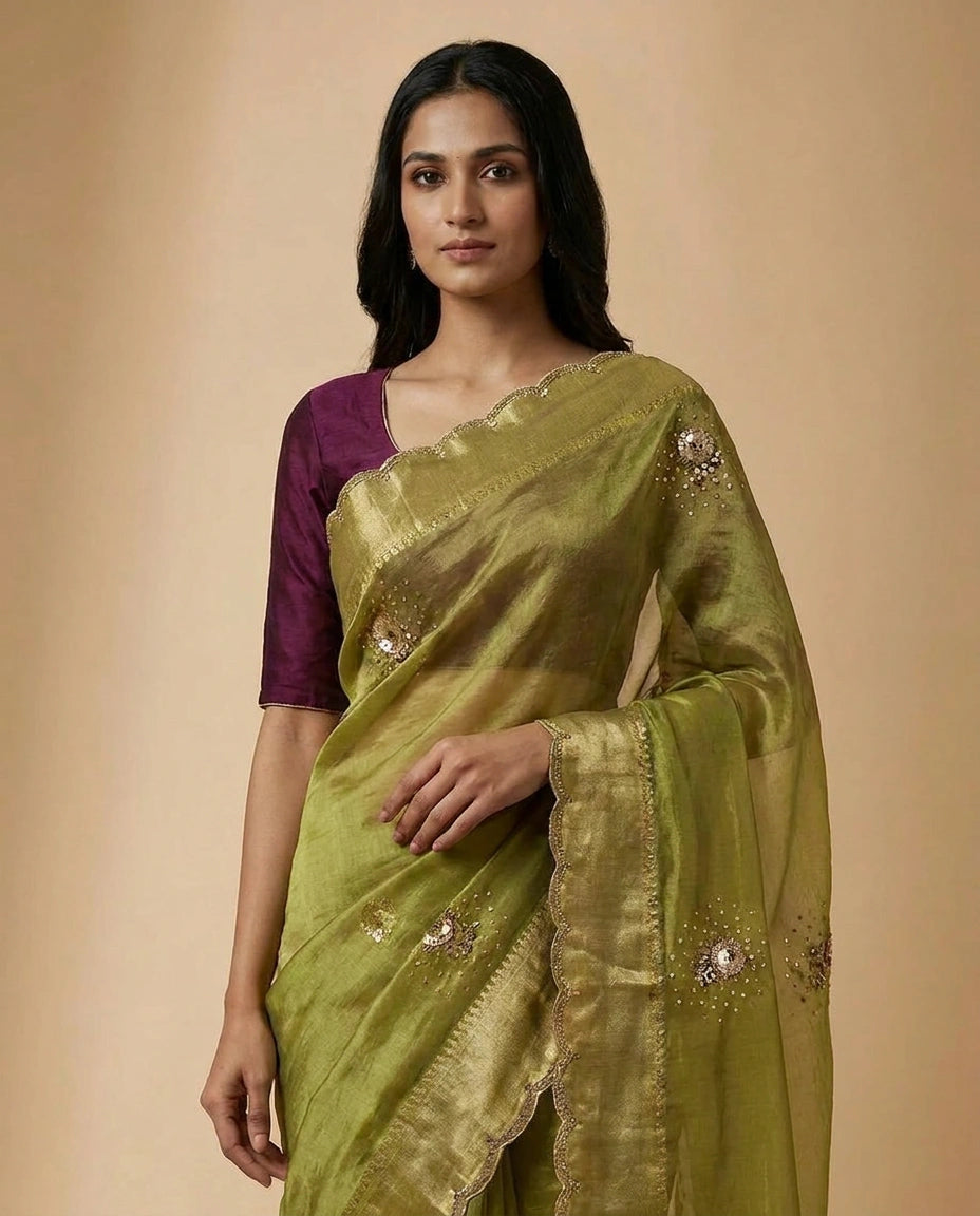 Tissue Silk Saree with Zari and Thread Embroidery Pallu by Rangoli