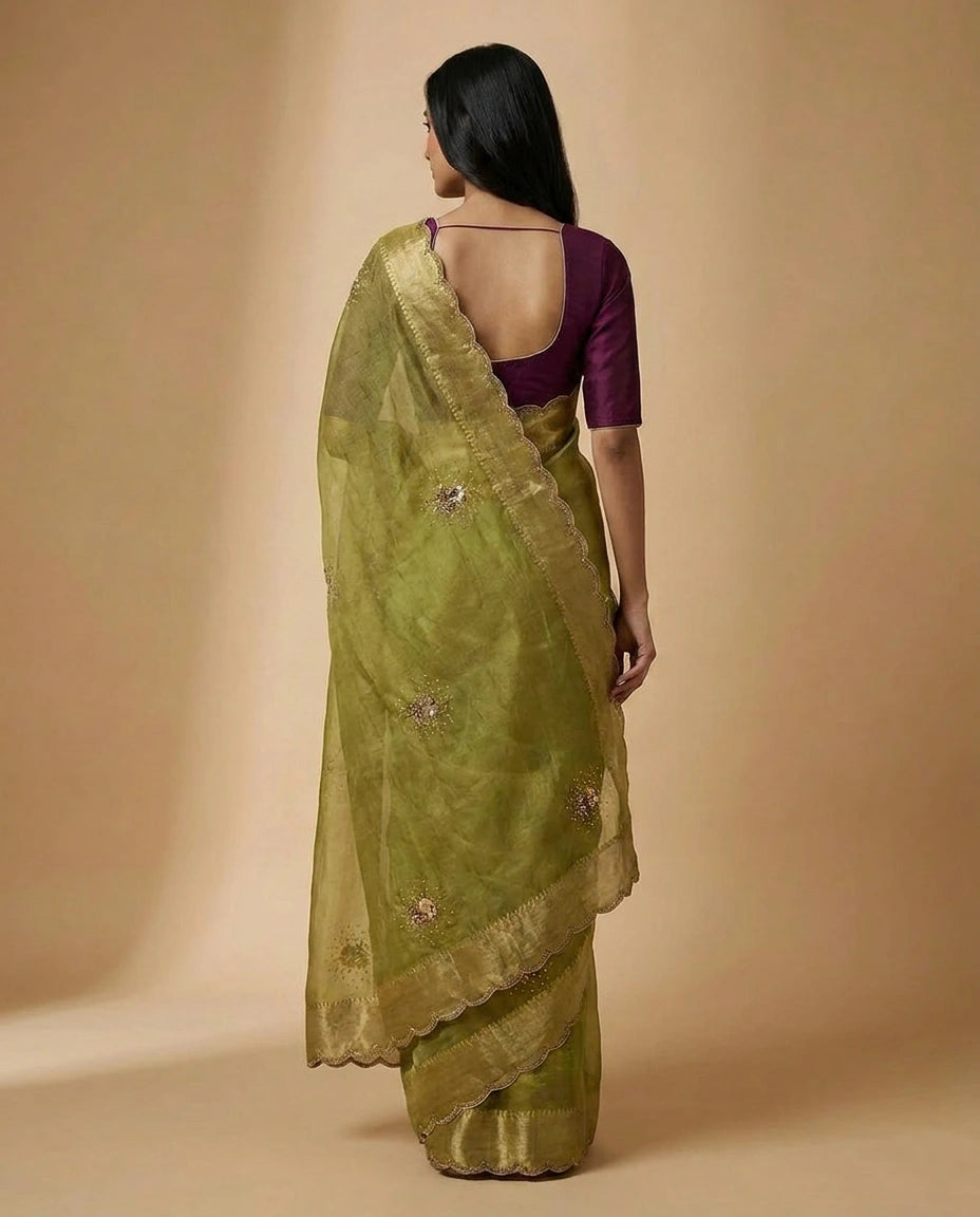 Tissue Silk Saree with Zari and Thread Embroidery Pallu by Rangoli