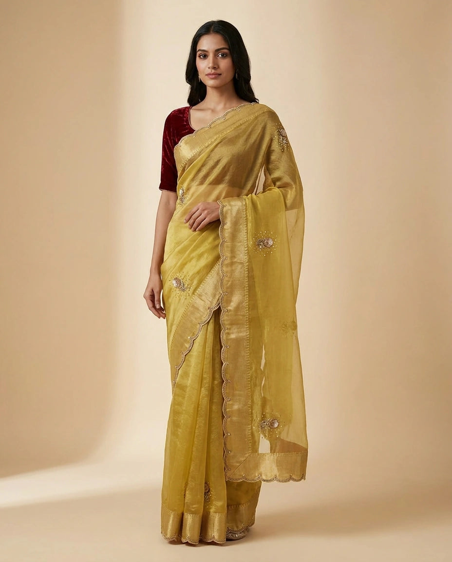 Tissue Silk Saree with Zari and Thread Embroidery Pallu