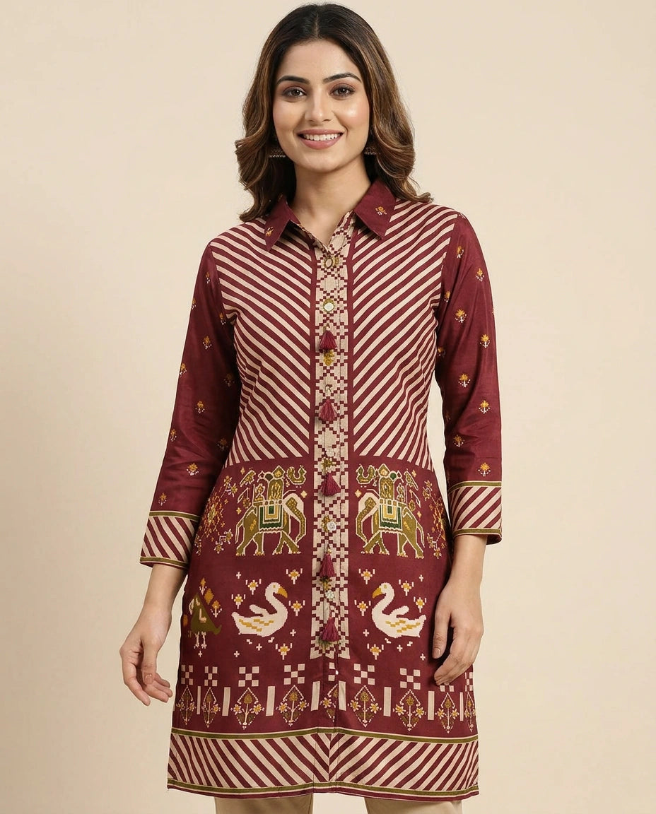 Printed Maroon Kurti Short - Rangoli India