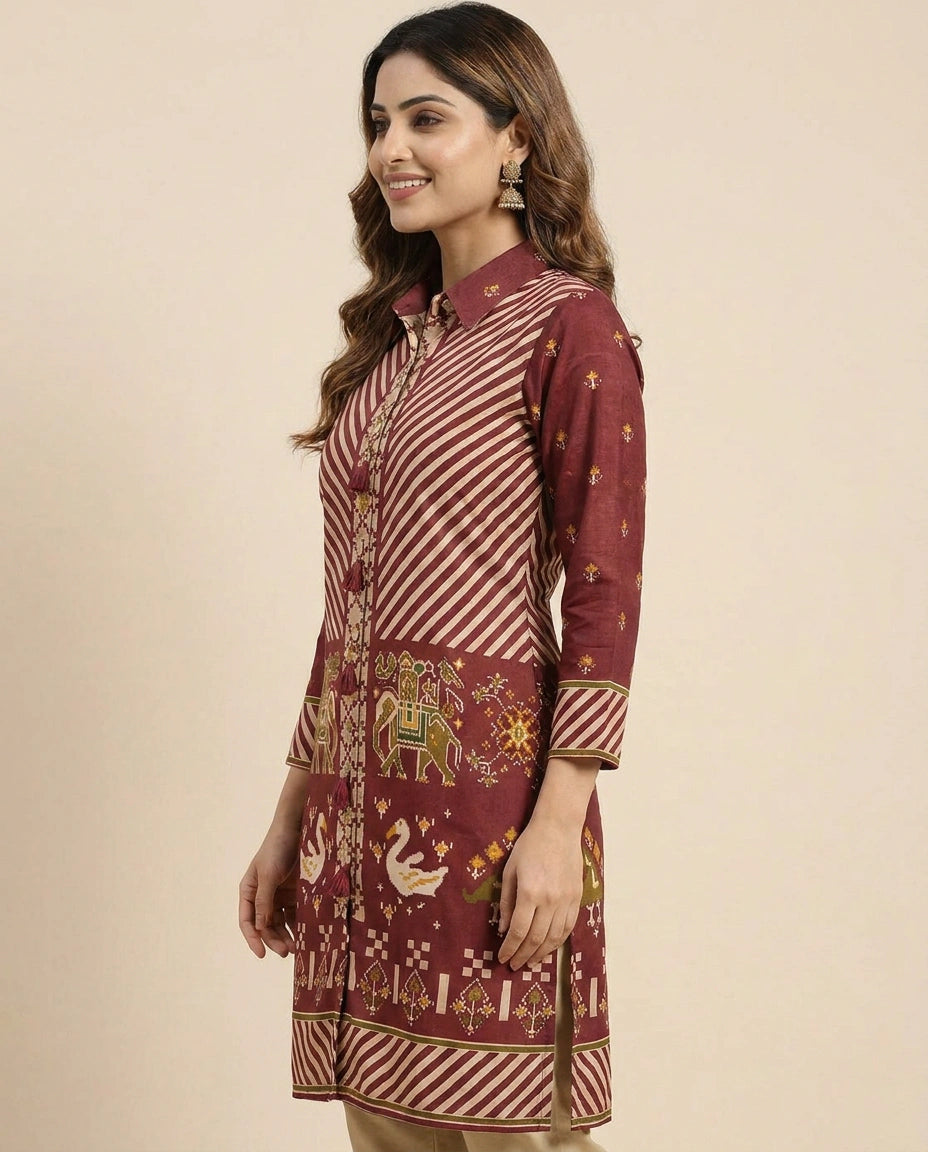 Printed Maroon Kurti Short - Rangoli India