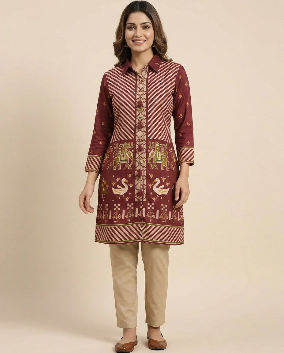 Printed Maroon Kurti Short - Rangoli India