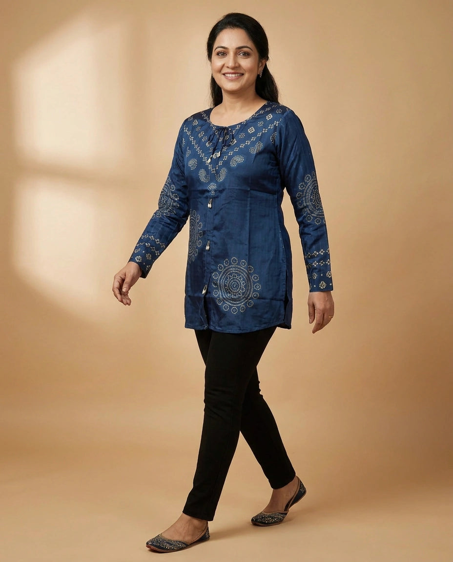 Chinon Kurti Short with Printed Yoke - Rangoli India
