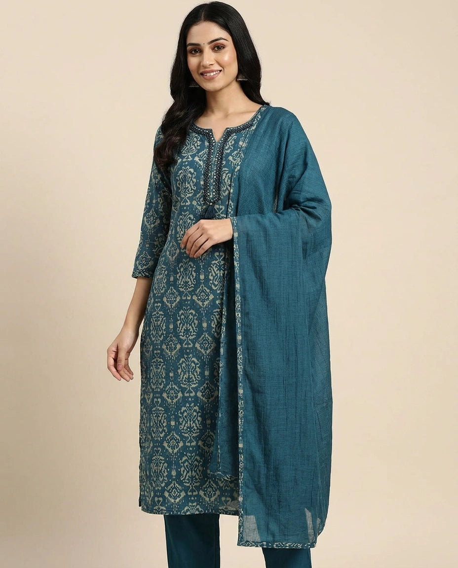 Cotton Straight Suit with All-Over Print