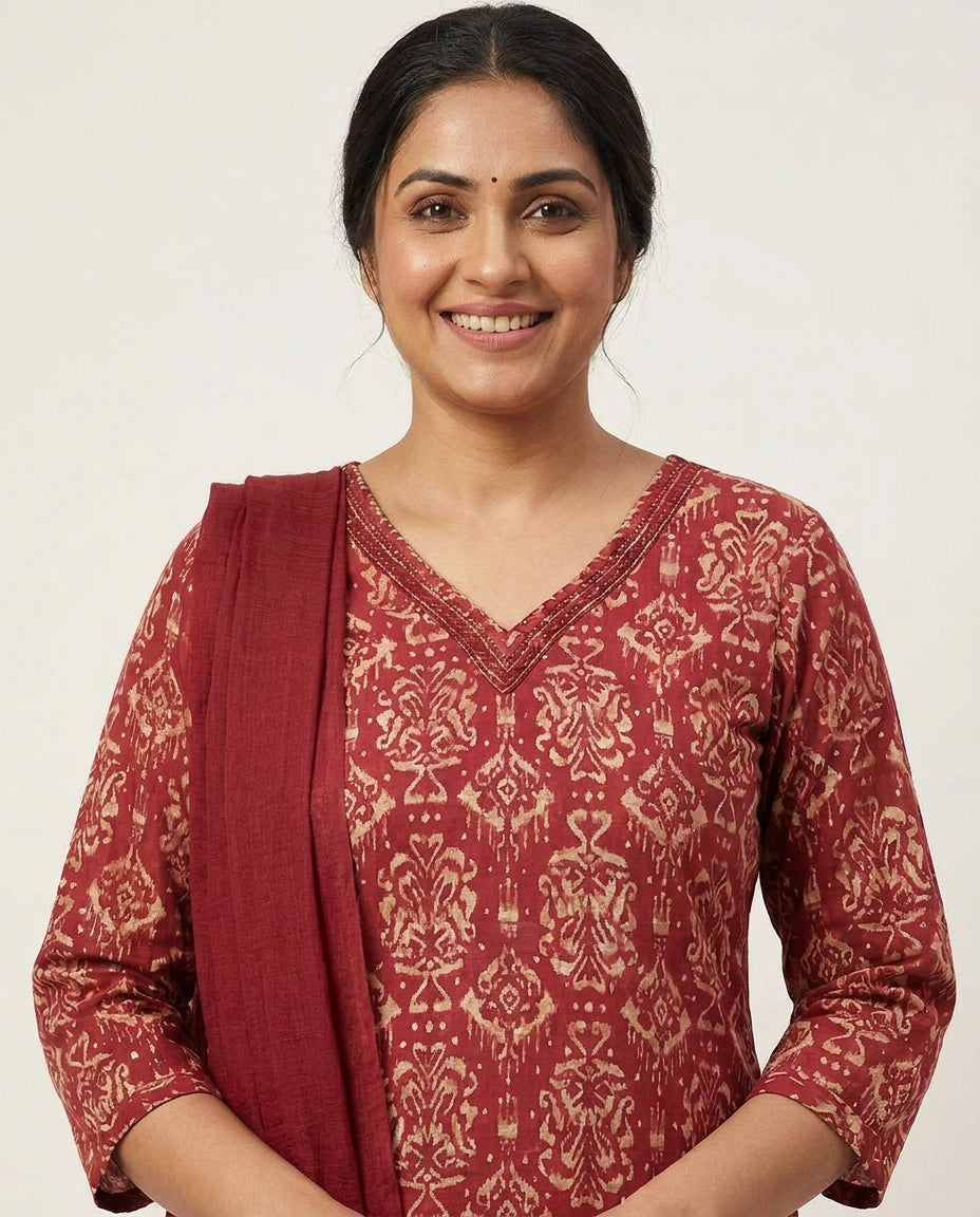 Cotton Straight Suit with All-Over Print