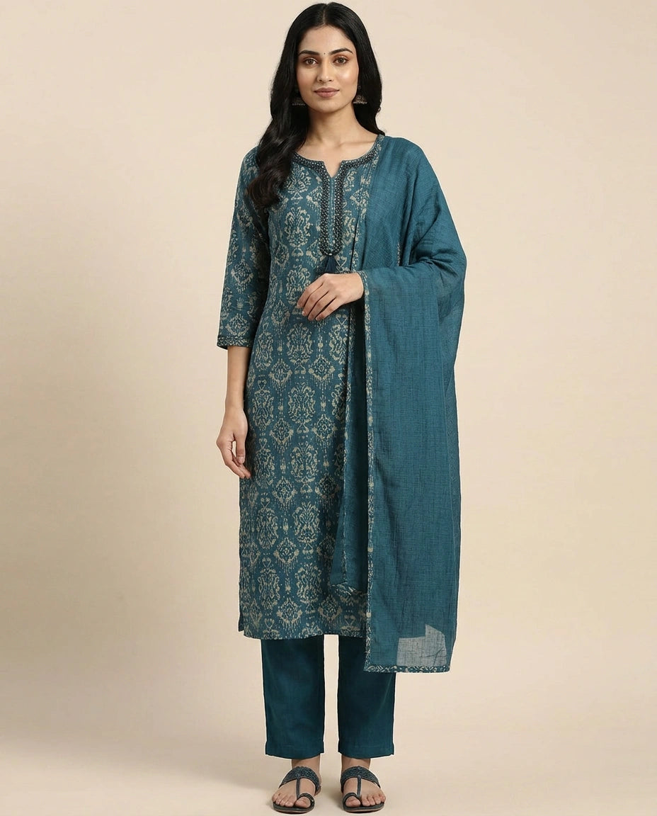 Cotton Straight Suit with All-Over Print