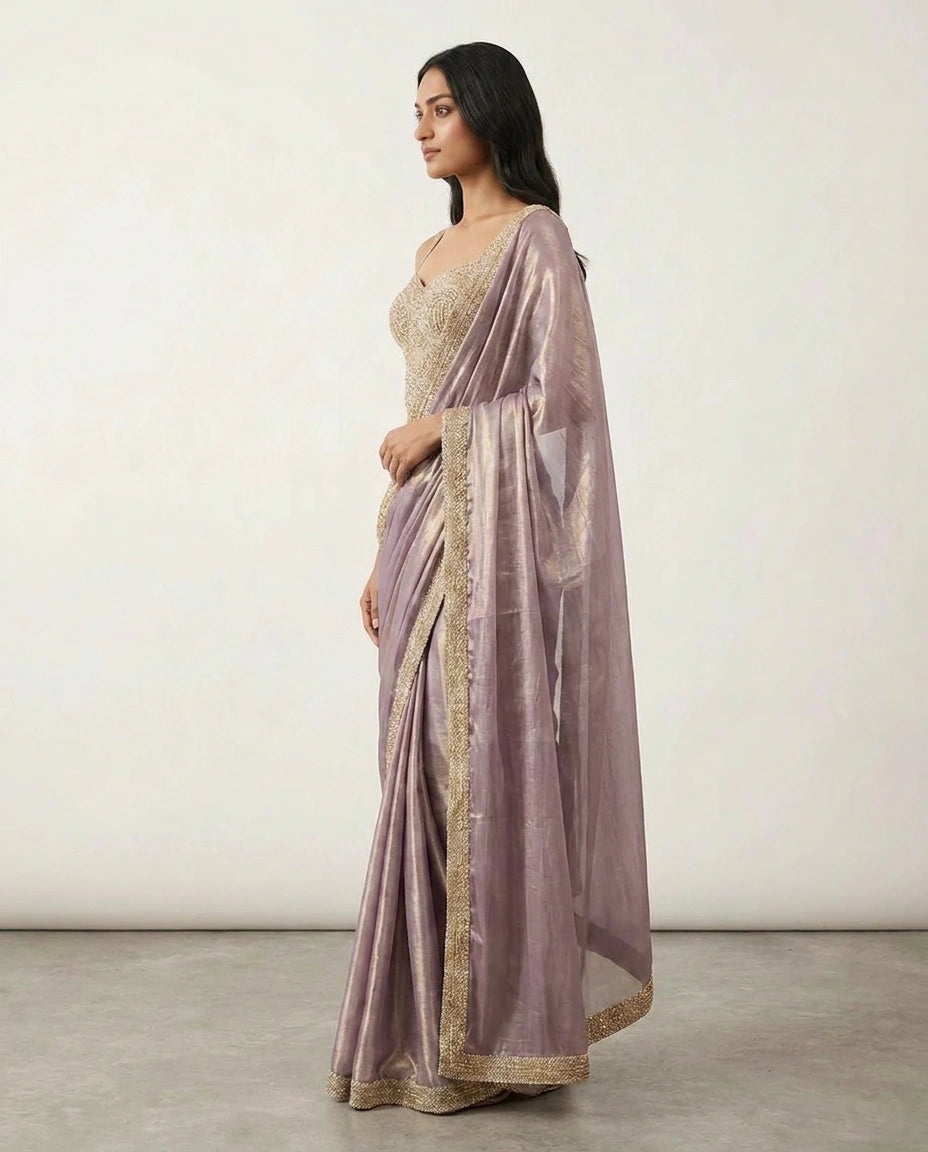 Tissue Designer Saree with Pre-Draped Pleats view 4