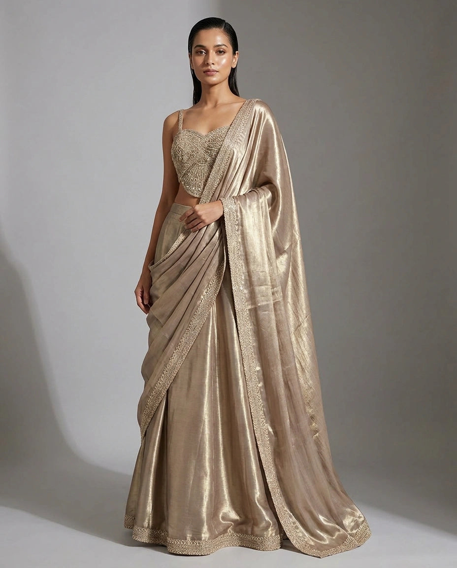Tissue Designer Saree with Pre-Draped Pleats view 5
