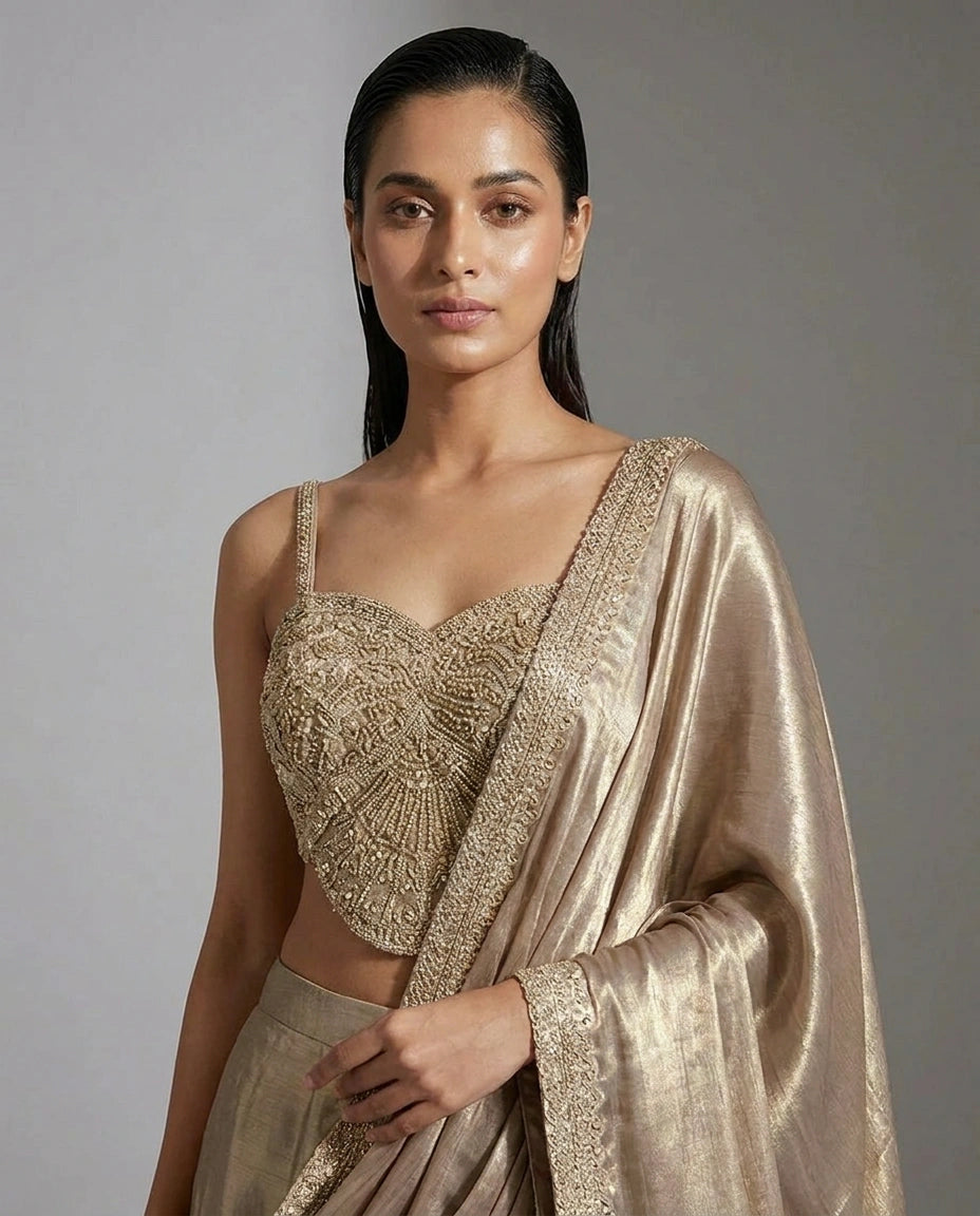Tissue Designer Saree with Pre-Draped Pleats view 6
