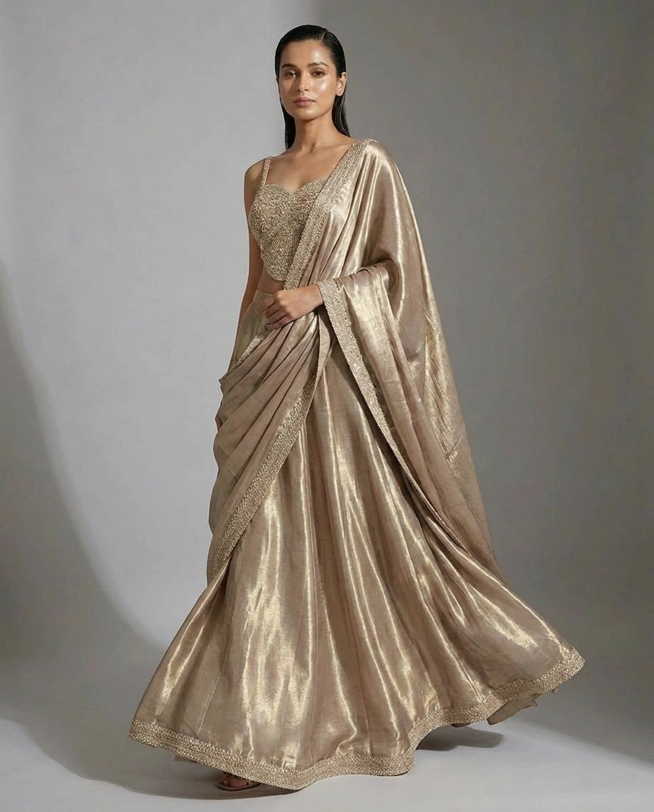 Tissue Designer Saree with Pre-Draped Pleats view 8