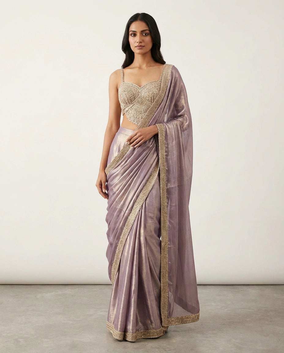 Tissue Designer Saree with Pre-Draped Pleats view 2