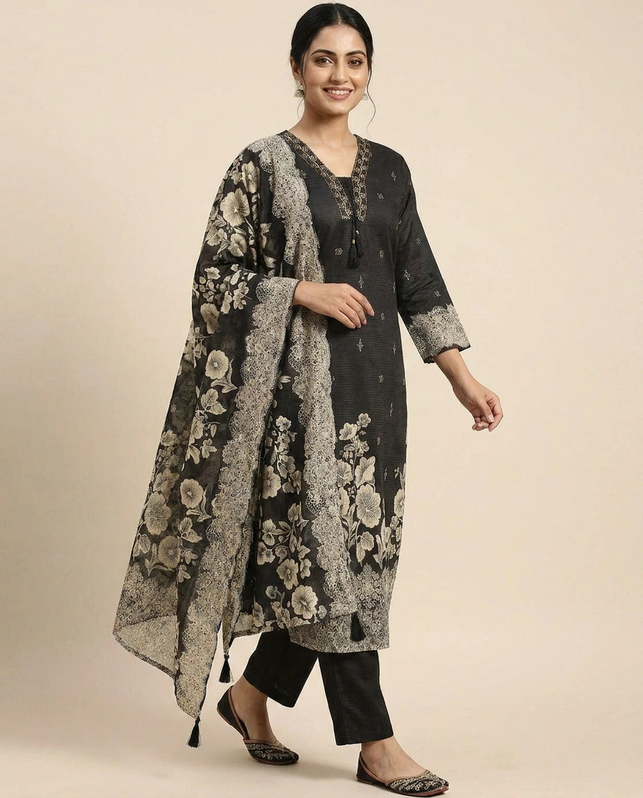 Cotton Straight Suit with Floral Border - Rangoli India