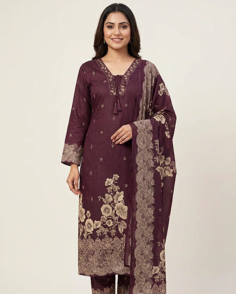 Cotton Straight Suit with Floral Border - Rangoli India