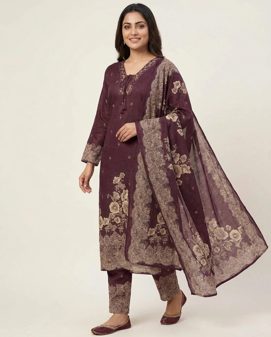 Cotton Straight Suit with Floral Border - Rangoli India