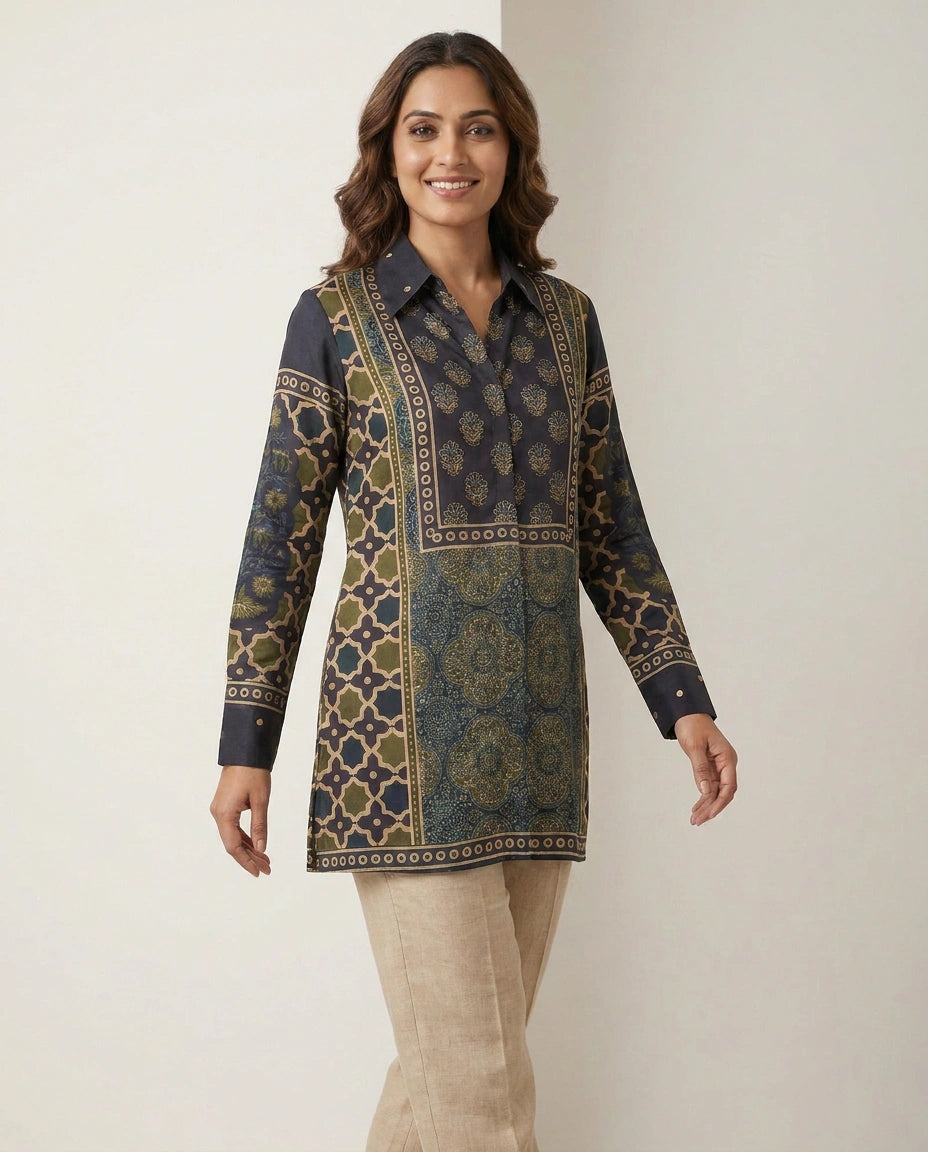 Chinon Kurti Short with Gold Border - Rangoli India