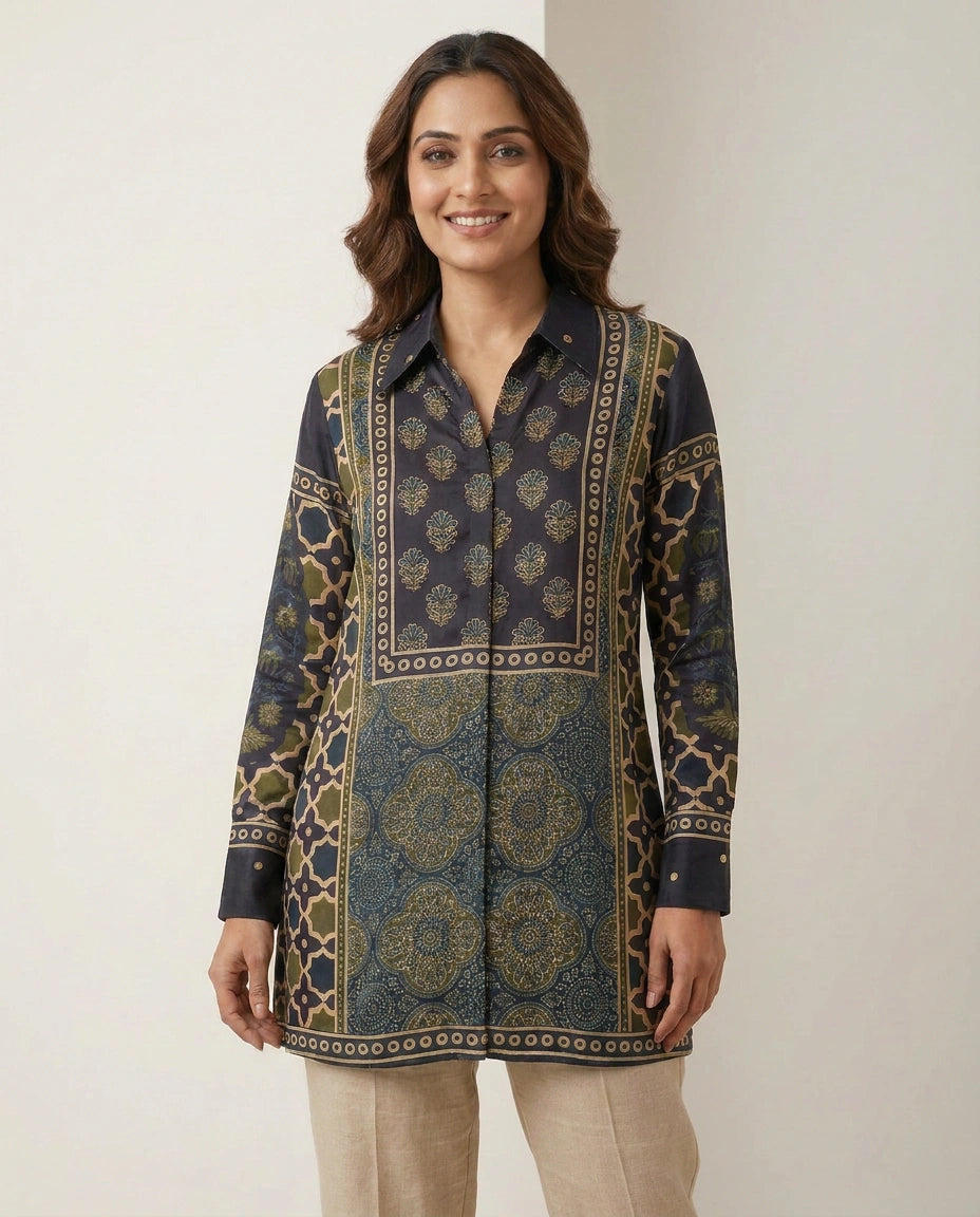 Chinon Kurti Short with Gold Border - Rangoli India