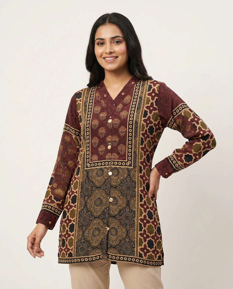 Chinon Kurti Short with Gold Border - Rangoli India