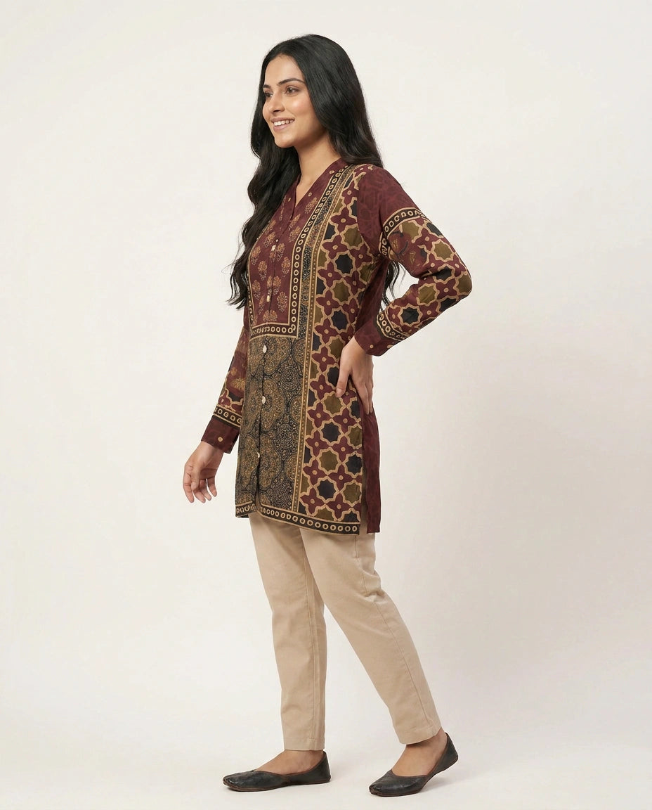Chinon Kurti Short with Gold Border - Rangoli India