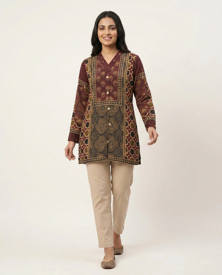 Chinon Kurti Short with Gold Border - Rangoli India