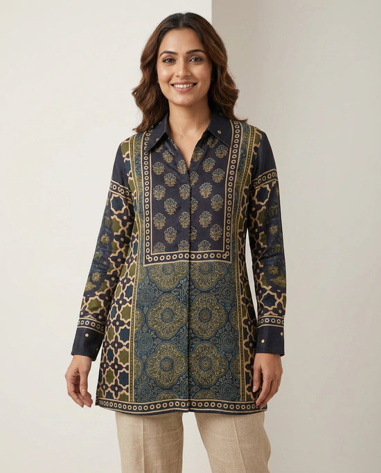 Chinon Kurti Short with Gold Border - Rangoli India