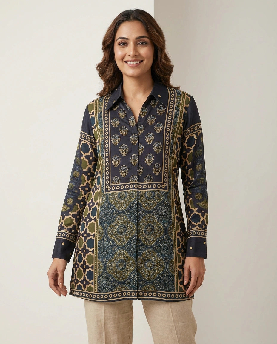 Chinon Kurti Short with Gold Border - Rangoli India