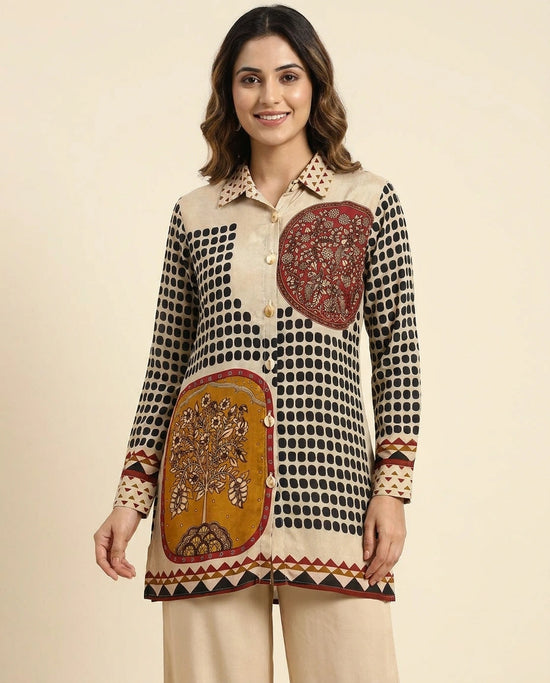 Beige Kurti Short in Chinon - Rangoli India