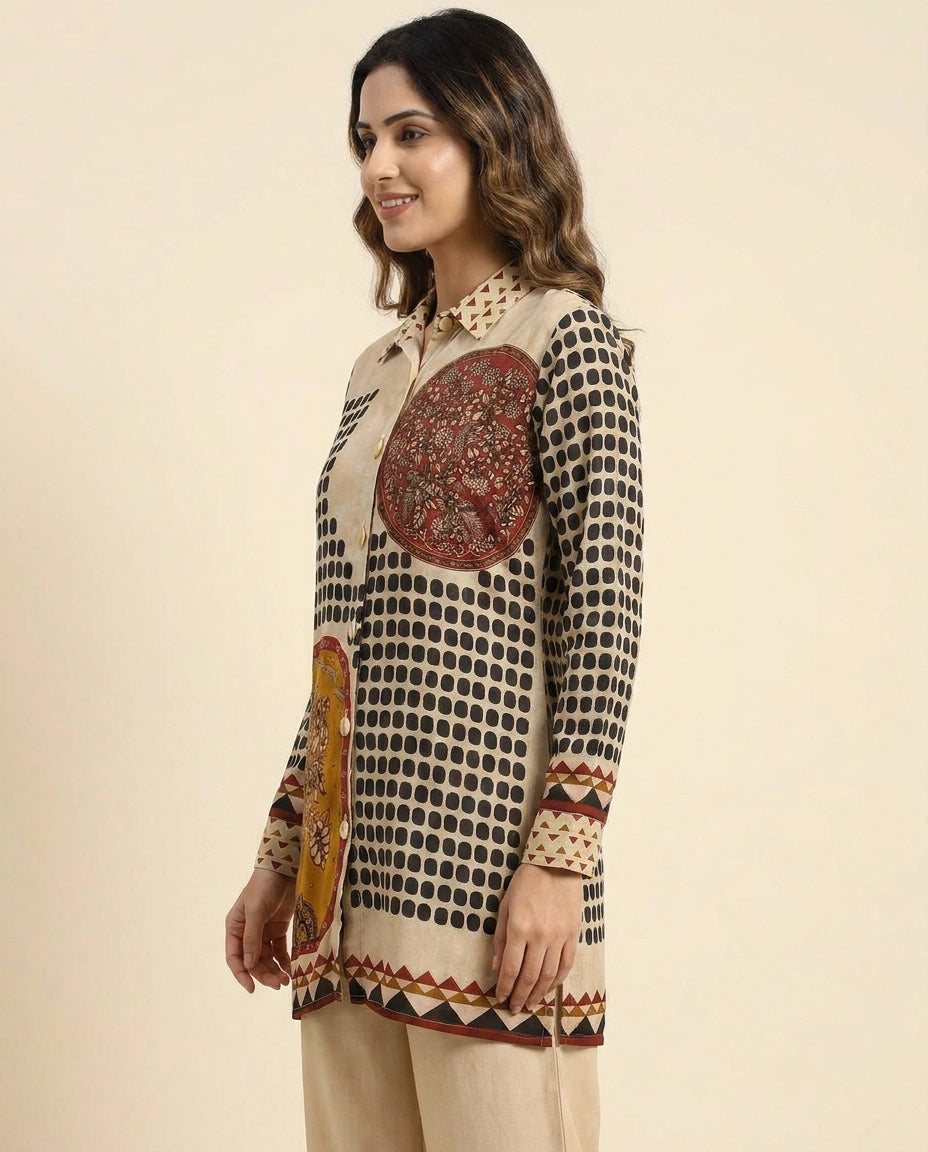 Beige Kurti Short in Chinon - Rangoli India