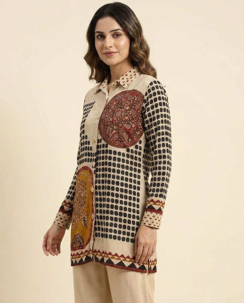 Beige Kurti Short in Chinon - Rangoli India