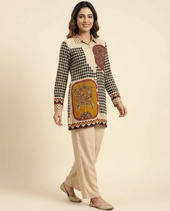 Beige Kurti Short in Chinon - Rangoli India