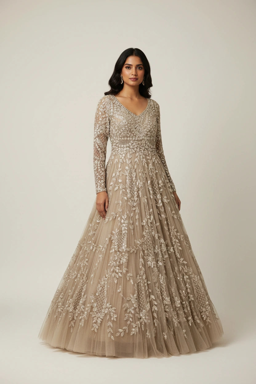 Artisan Embroidered Net Suit Gown | Rangoli