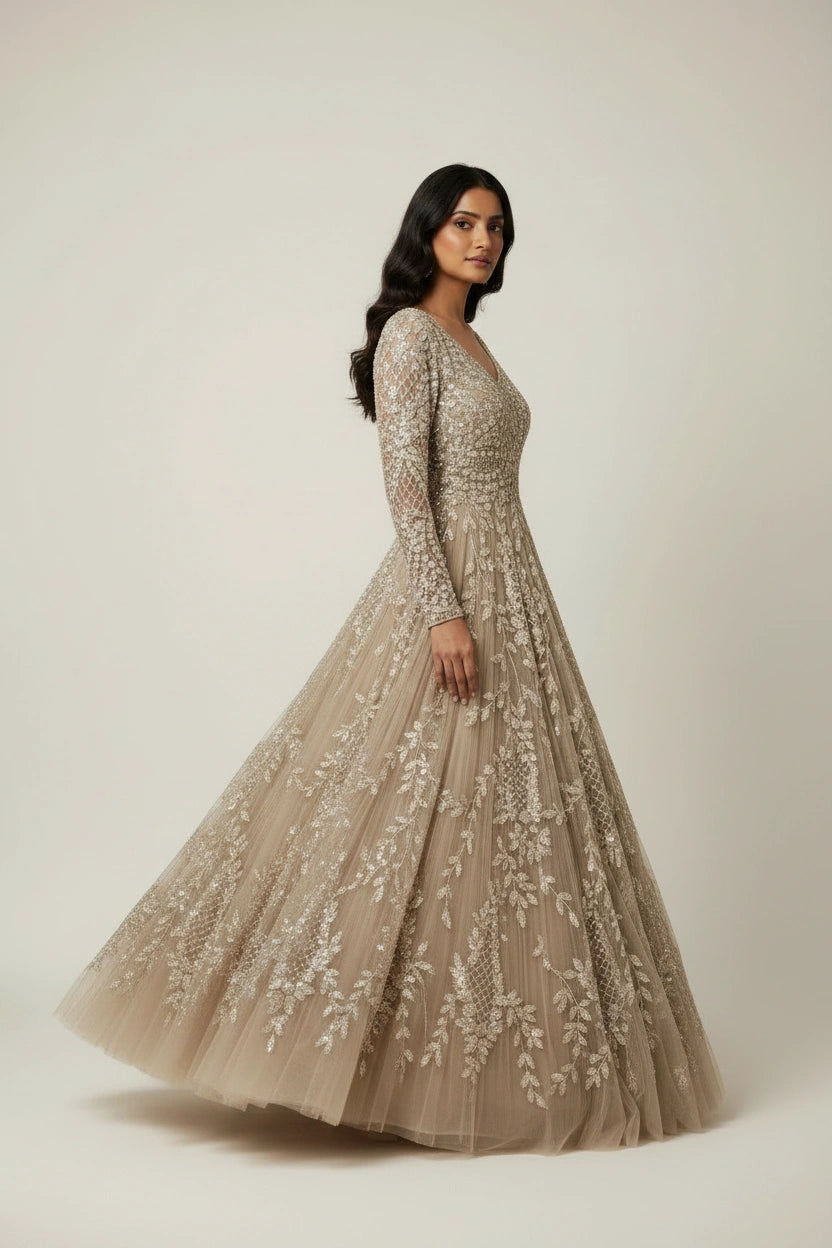 Artisan Embroidered Net Suit Gown - View 2 | Rangoli
