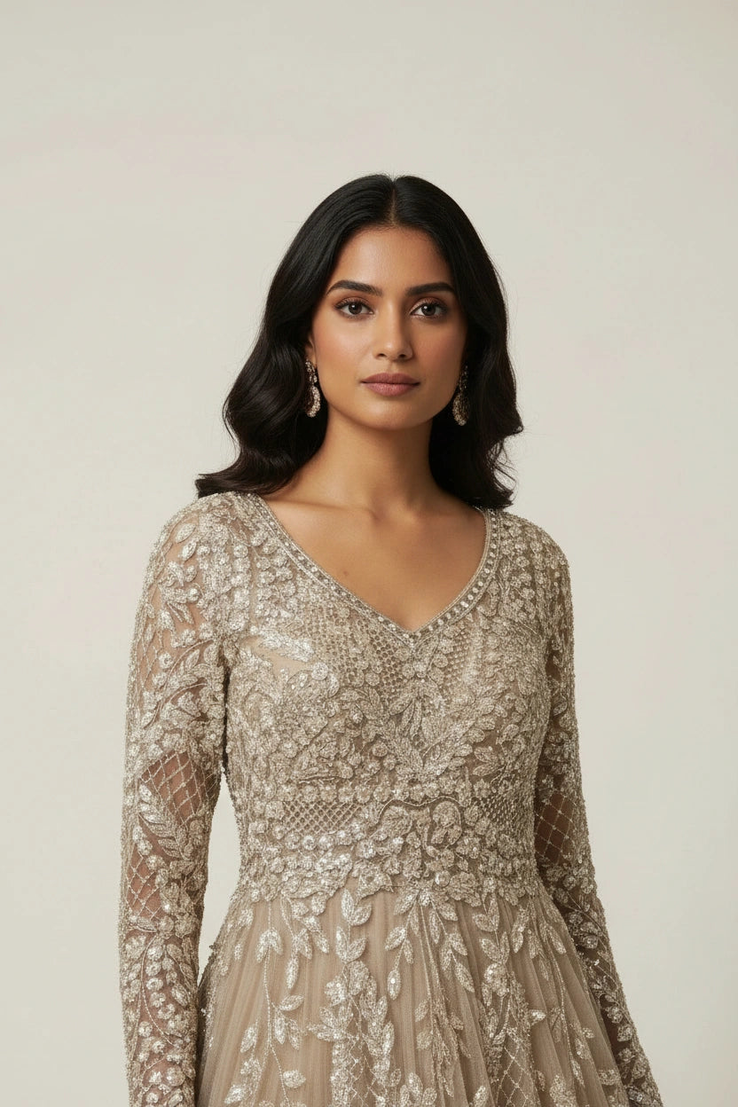 Artisan Embroidered Net Suit Gown - View 3 | Rangoli