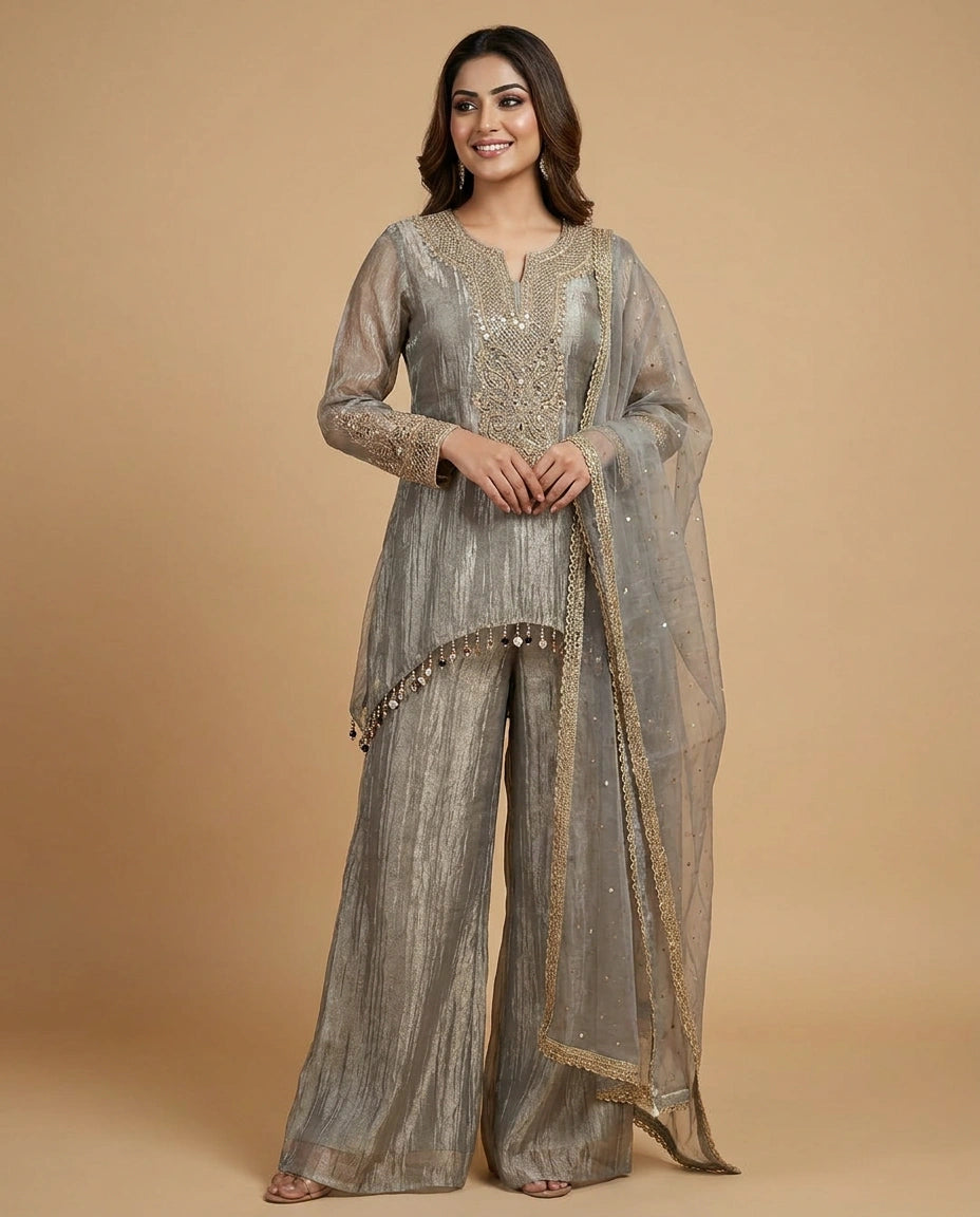 Crush Tissue Jacket Choli Palazzo Set with Sequin Work - Rangoli India