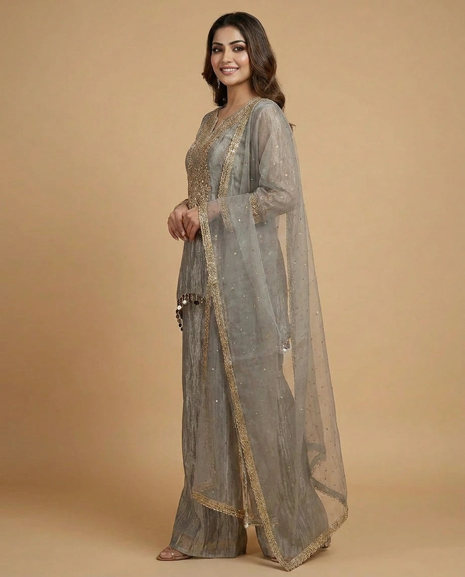 Crush Tissue Jacket Choli Palazzo Set with Sequin Work - Rangoli India
