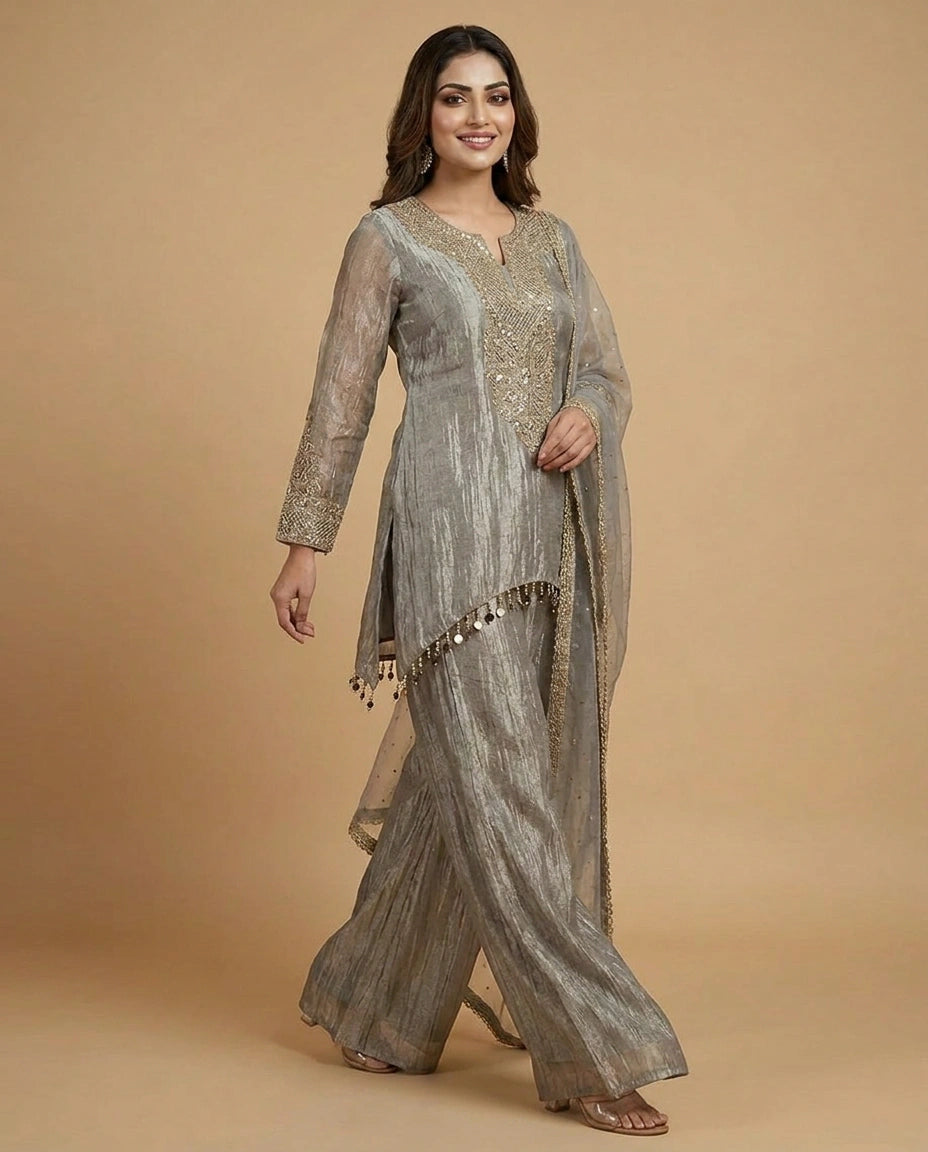 Crush Tissue Jacket Choli Palazzo Set with Sequin Work - Rangoli India