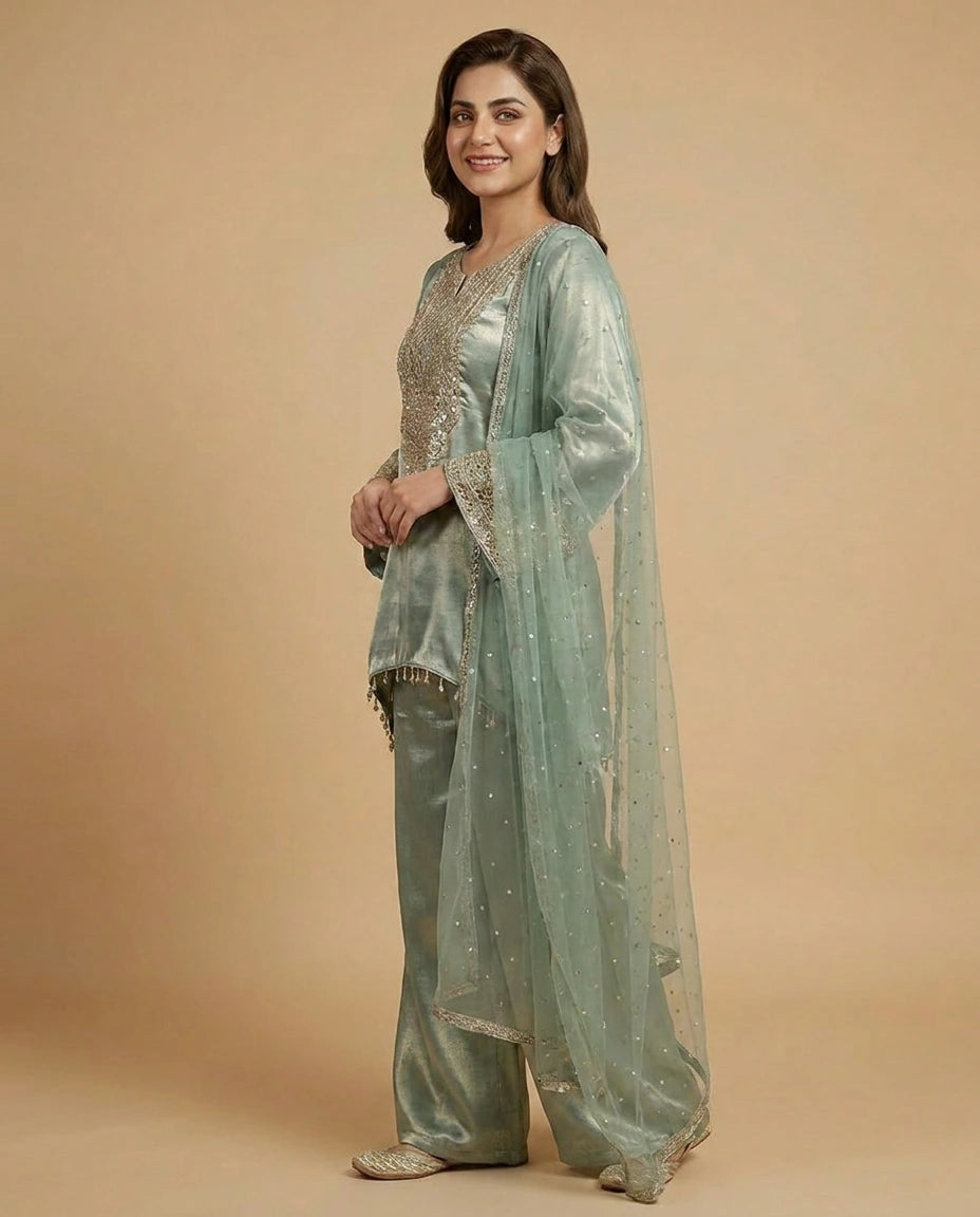 Tissue Peplum Choli Palazzo Set for Women - Festive Wear