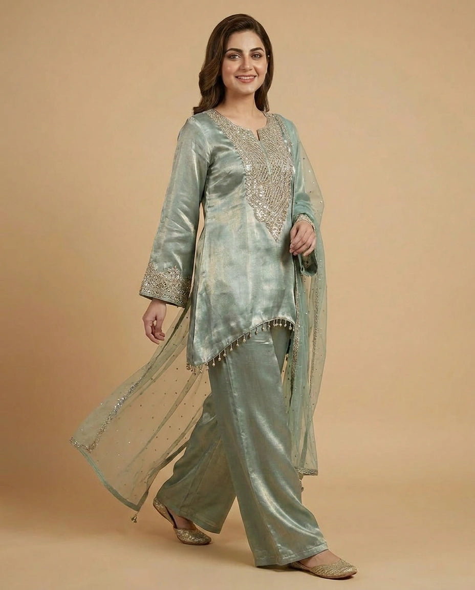 Tissue Peplum Choli Palazzo Set for Women - Festive Wear