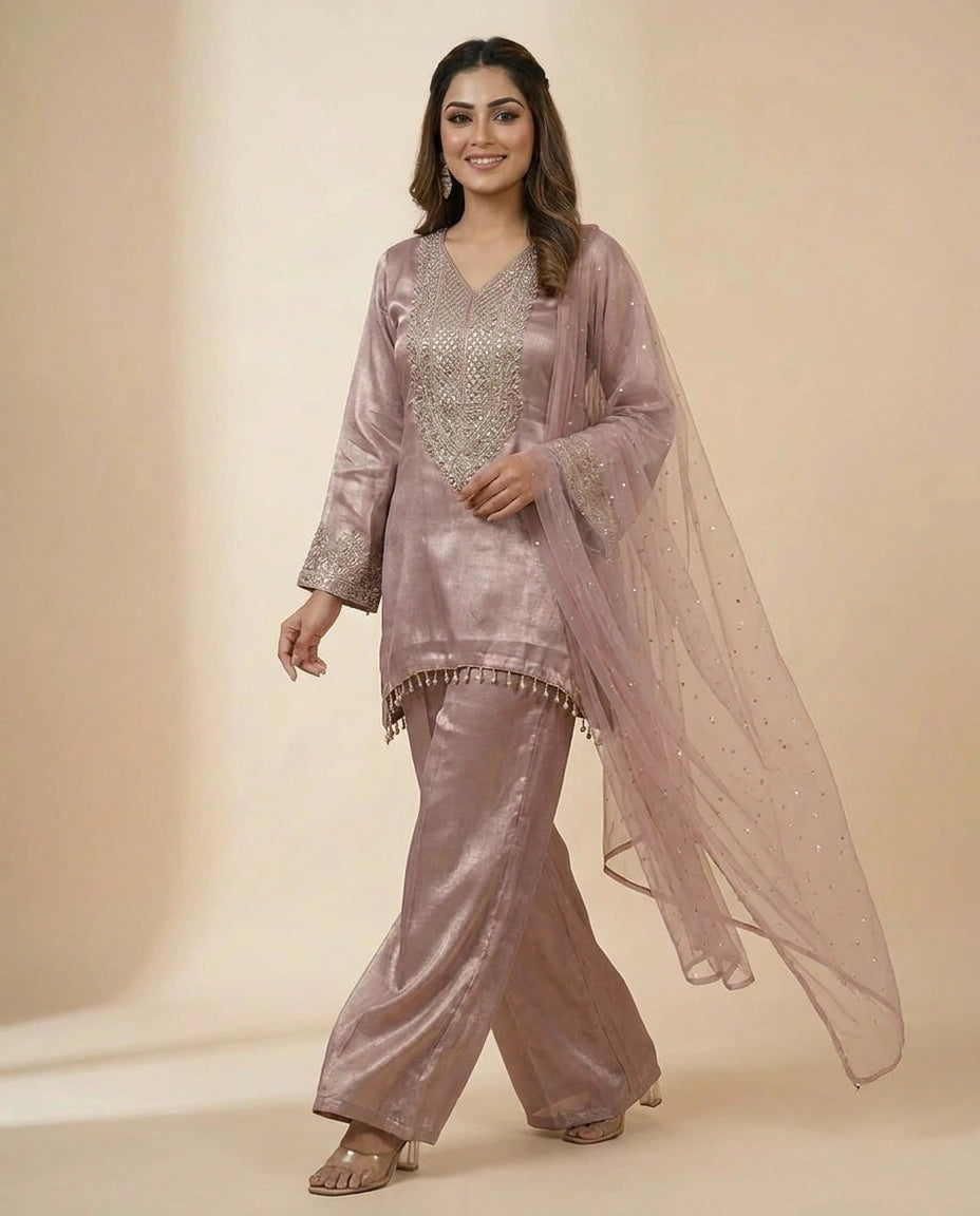Tissue Peplum Choli Palazzo Set for Women - Festive Wear