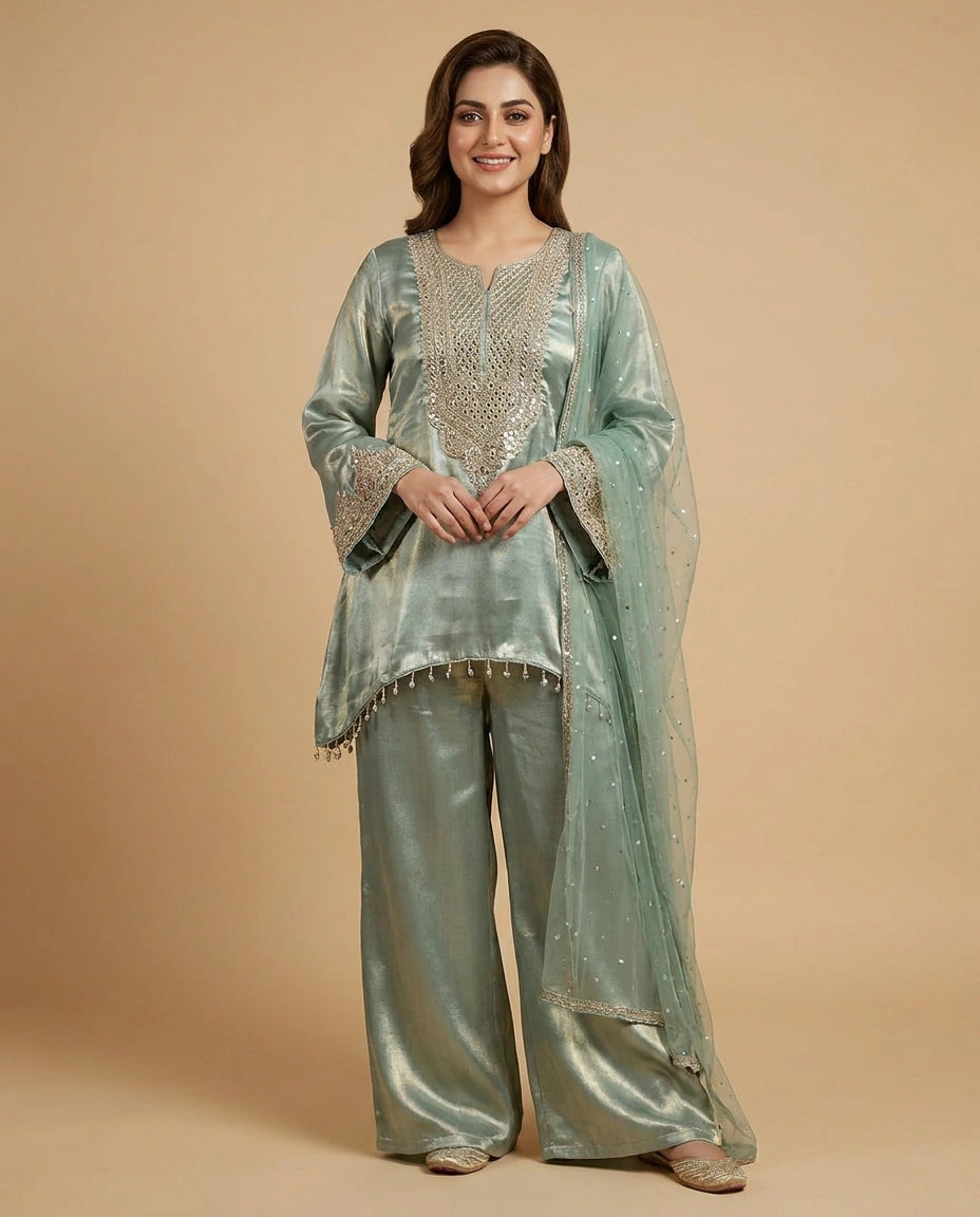 Tissue Peplum Choli Palazzo Set for Women - Festive Wear