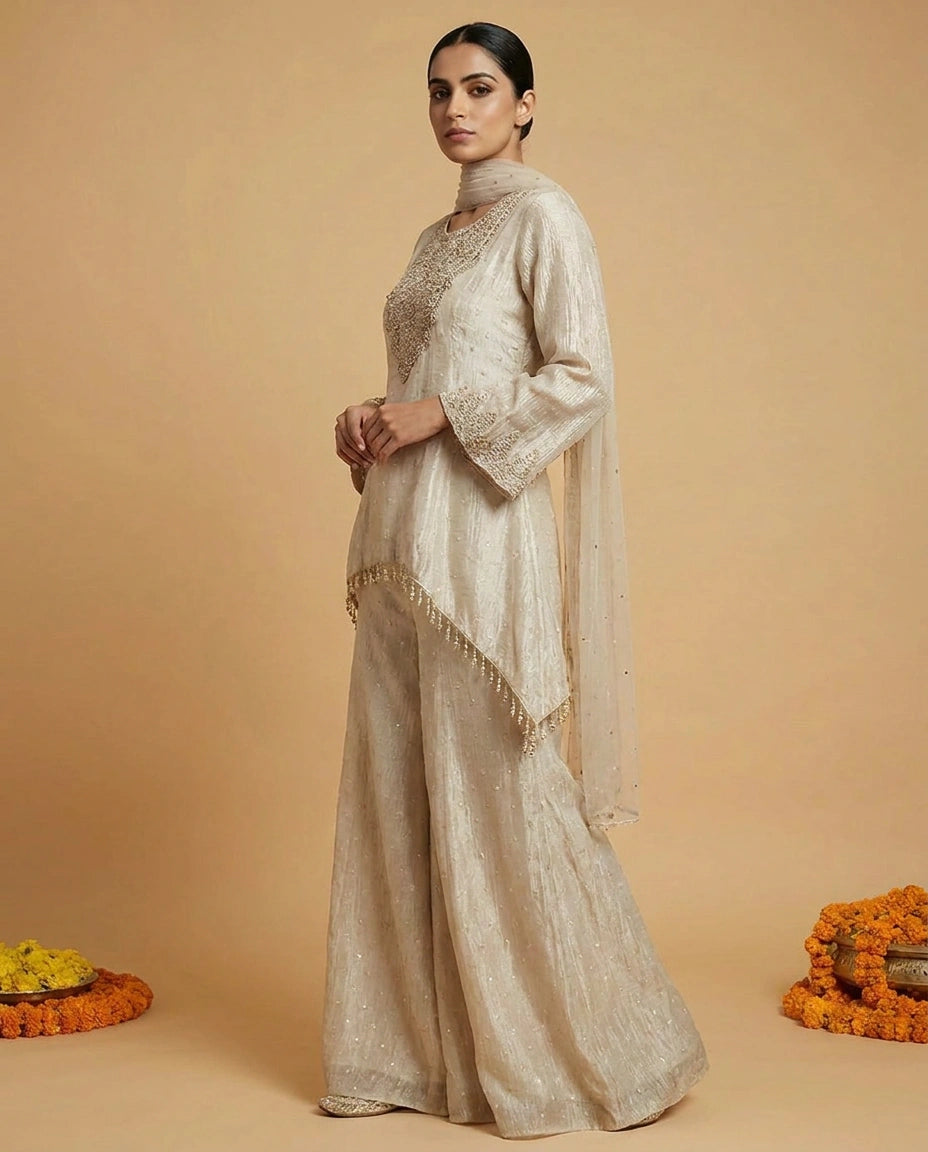 Crush Tissue Sharara Suit with Flared Sharara view 3