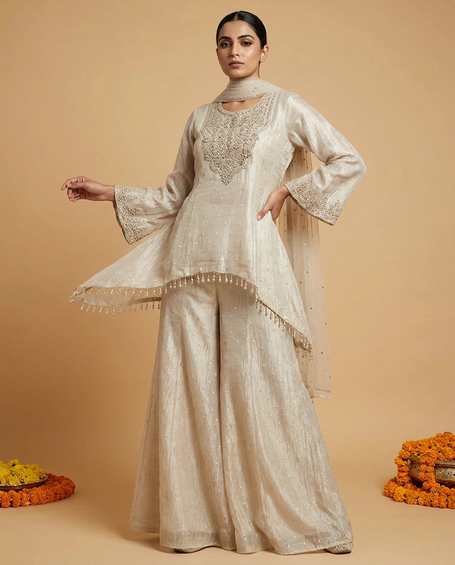 Crush Tissue Sharara Suit with Flared Sharara - Rangoli India