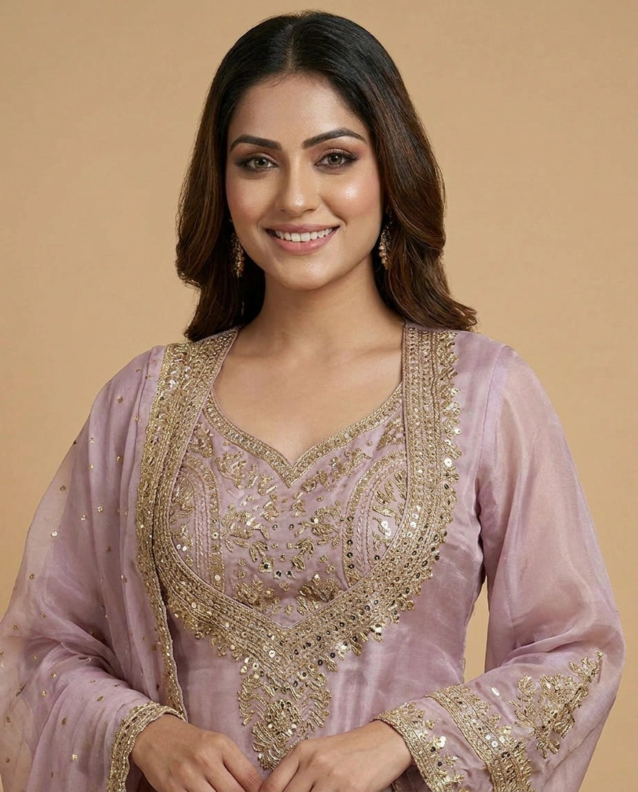 Tissue Jacket Choli Palazzo Set with Embroidered Detail - Rangoli India