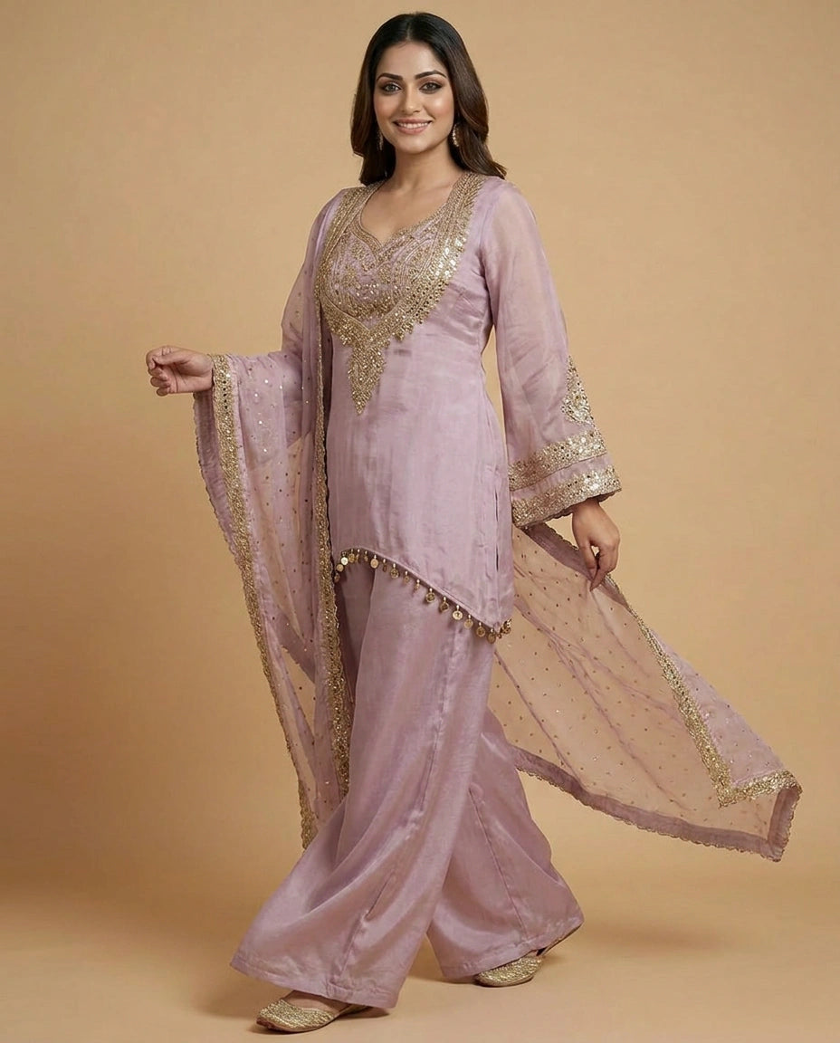Tissue Jacket Choli Palazzo Set with Embroidered Detail - Rangoli India