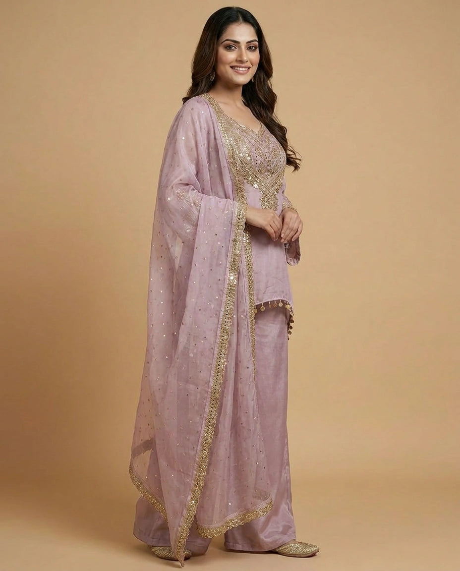Tissue Jacket Choli Palazzo Set with Embroidered Detail - Rangoli India