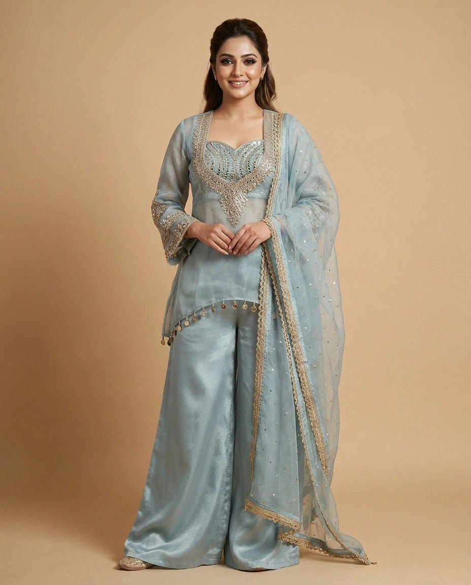Tissue Jacket Choli Palazzo Set with Embroidered Detail - Rangoli India