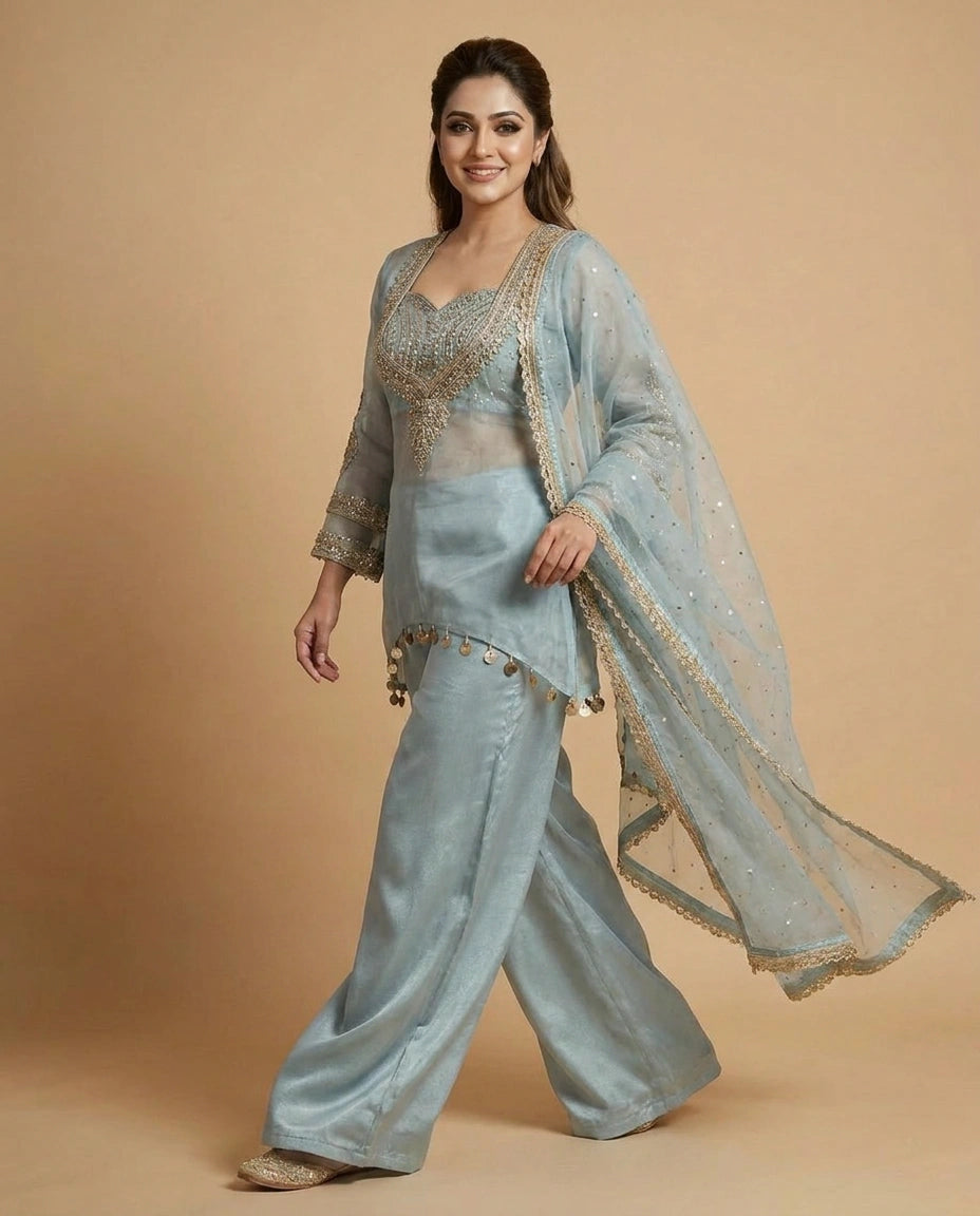 Tissue Jacket Choli Palazzo Set with Embroidered Detail - Rangoli India