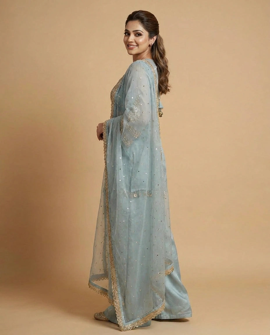 Tissue Jacket Choli Palazzo Set with Embroidered Detail - Rangoli India